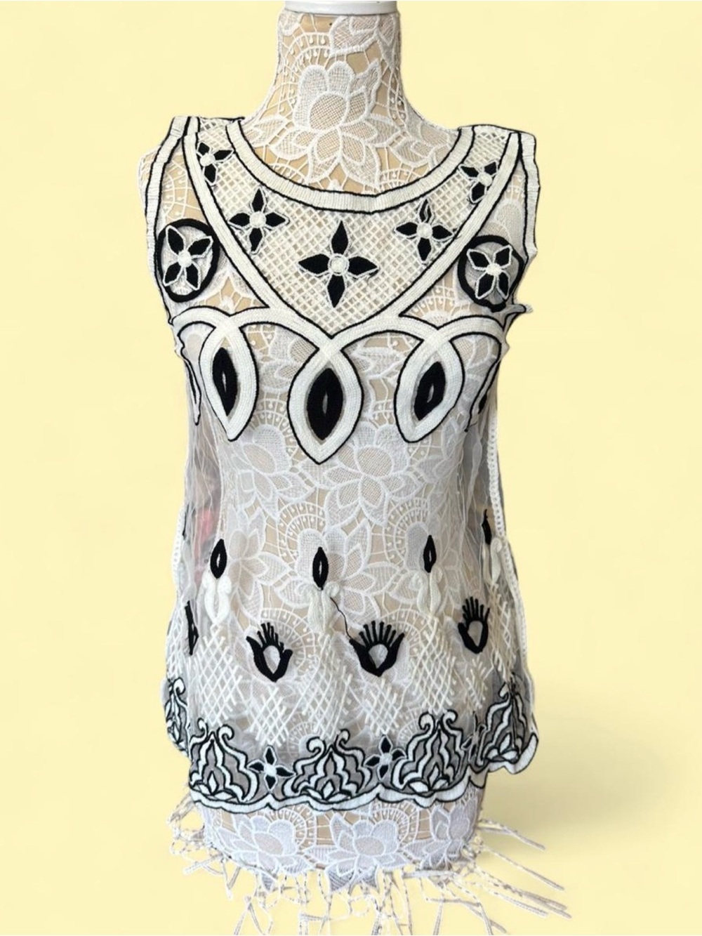 White Lace Sleeveless Top with Black Embroidered Accents
